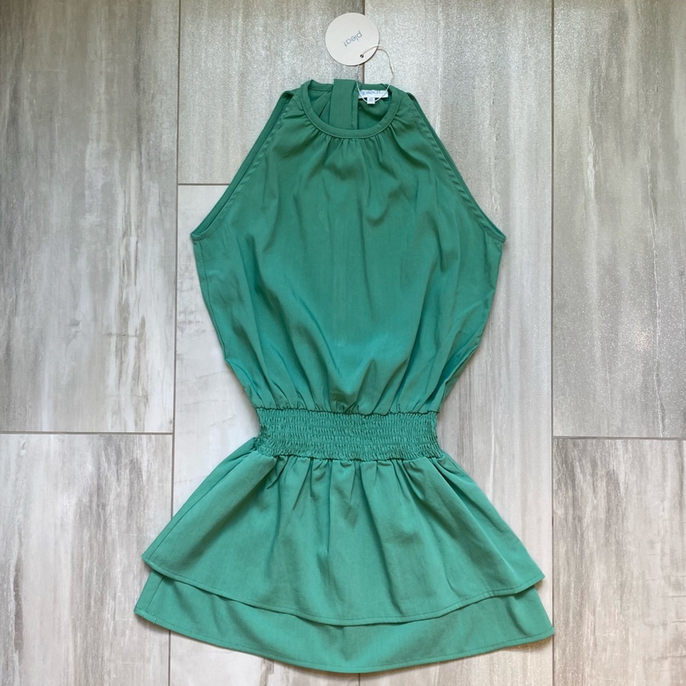 NWT Pleat. Wells Jade Green High Neck Sleeveless Dress Layered Skirt, girls 7